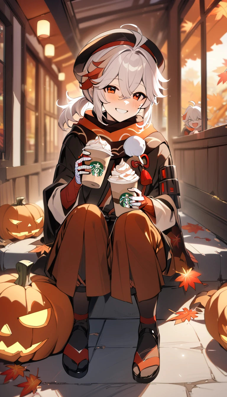 full body, kaedehara kazuha holding a Starbucks coffee cup with whipped cream, holding pumpkin spice latte, wearing a winter scarf and hat, smiling, happy, Jack o lanterns in the background, high quality, masterpiece,autumn leaves, autumn forest, fall forest, beautiful,best quality,1boy, solo, male focus