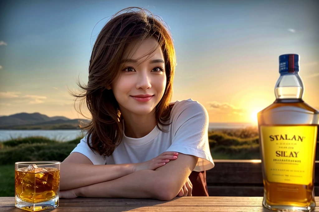 (Realistic, 超Realistic:1.4), 16k hdr, High resolution,Brown short hair,Smile、The best smile、lover、Model Couple、Japanese actress,Super Beauty(Like the real thing),Short sleeve dress,Whiskey bottles、The Macallan、Johnnie Walker、、Old Parr、whiskey、Suntory、Nikka、Slim couple、(Realistic, Intricate details:1.2), Whiskey bottle and glass on the table、Single Malt、scotch、Rocks glass、Shot Glass、Whisky on the Rock、Scotland、Aira、Amazing view of the sunset sky and clouds、,Digital single-lens reflex camera, Soft lighting, Detailed Background, Written boundary depth, Volumetric lighting, Sharp focus, super Realistic 肌,super beautiful expression,Cloud Effect:1.2、プロ品質のHigh resolution、Realistic facial features,Highest quality,Slim figure,Highly detailed face,Highly detailed eyes,Beautiful Lips,Excellent light particles,Cinema Lighting,