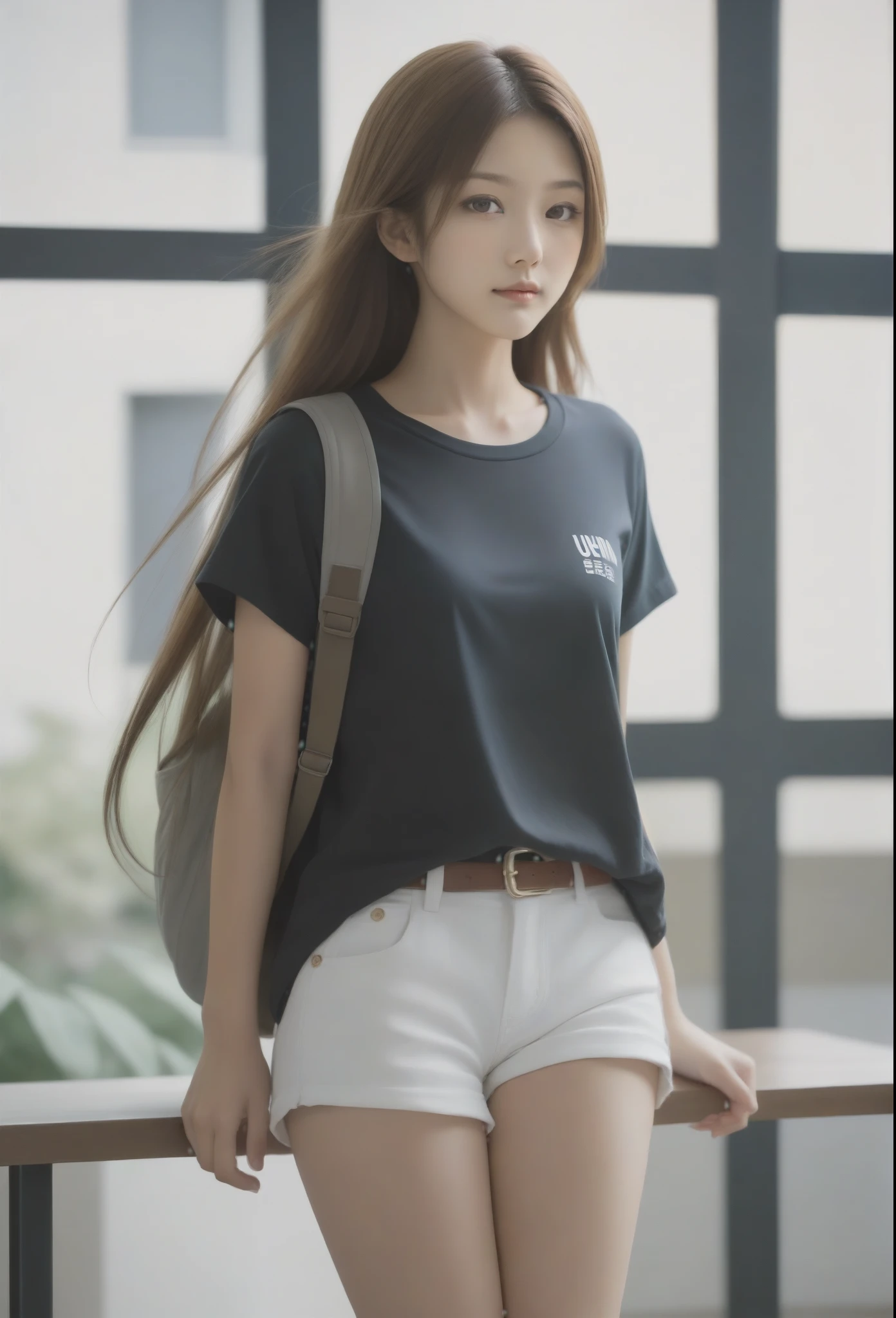 A 2 Japanese female university student stands with a graceful posture. She is approximately 160 cm tall and has a slender build, exuding elegance and beauty. Her long, flowing hair is a rich shade of brown, cascading down her back. She is dressed casually in a T-shirt and shorts, embodying a relaxed yet stylish look.