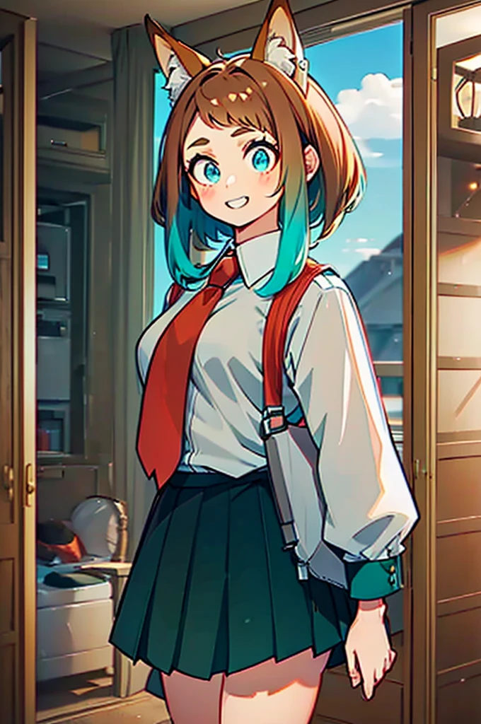 (Girl with brown hair with turquoise tips) (fox ears) (turquoise blue eyes) (short hair, with locks of long hair) (look: smiling) (locker room: U schoolgirl uniform.A) (Light grey blouse, Red tie, Dark green skirt) (big breasts)