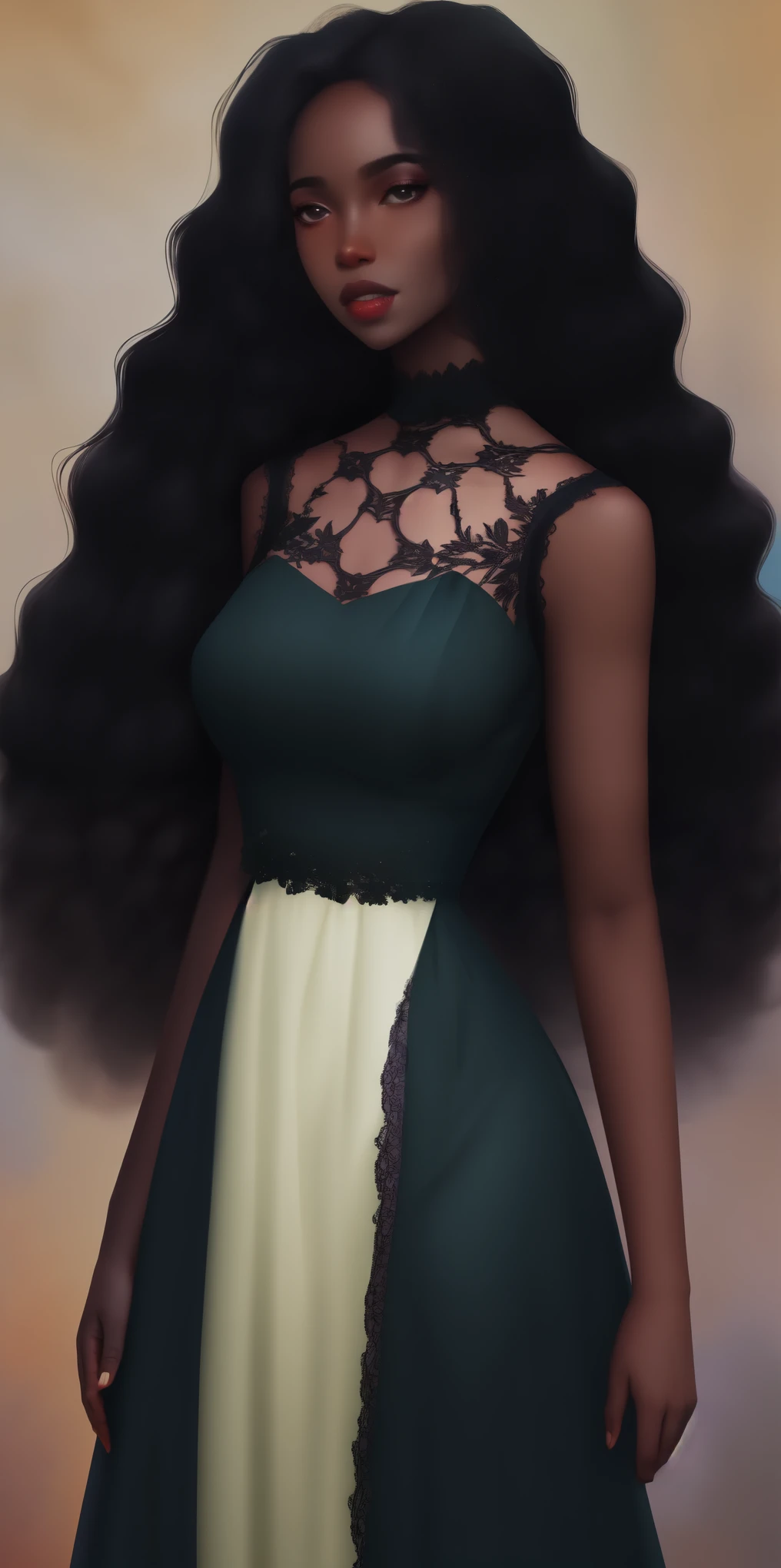 A black Congolese woman with rich dark brown skin, content expression, comely, 1womanl, intricate-detail, Long wavy hair, comely fitted sheer black lace dress, abstract accents in the background 