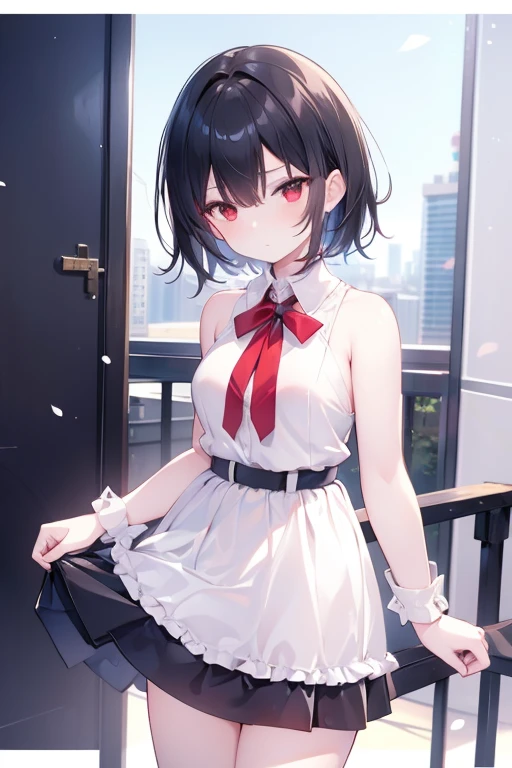 1girl, Solo, Best Quality, High Resolution, Detail, High Details, Black Hair, Short Hair, medium breasts, Red Eyes, flat expression, white shirt, black skirt, city view, Border, Anime Style, 