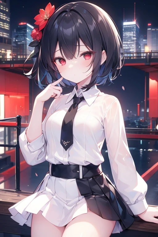 1girl, Solo, Best Quality, High Resolution, Detail, High Details, Black Hair, Short Hair, medium breasts, Red Eyes, flat expression, white shirt, black skirt, city view, Border, Anime Style, 