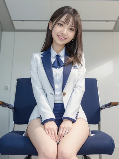 Japanese girl sitting on a chair in the classroom and posing sexy，Hug one leg，Spread your legs，Blue blazer，Grey pleated mini skirt，white thigh high stockings，Looking at the camera，Panty shot，Showing panties，Pure white panties，A refreshing smile，Beautiful feet，Perfect proportions，Smooth long hair，Toe-to-shot，Supermodel，Perfect beauty，Ultra-high resolution，Professional Lighting