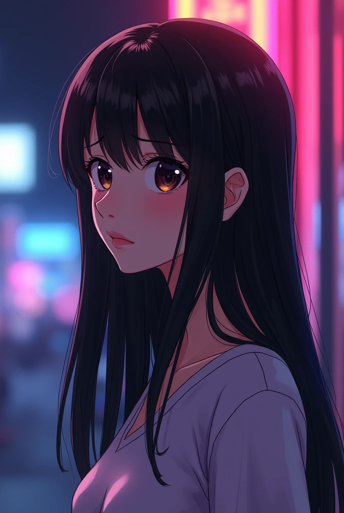 Highest quality,4K,8k,High resolution,masterpiece:1.2,Very detailed,A girl exuding fatigue,long, flowing black hair,Delicate features,Thinking eyes,White skin,Happy expression,Great atmosphere,Wearing a uniform、Gazing into the distance,,Romantic atmosphere、Roppongi Nightlife、Above-the-waist display、Ample breasts、Real Beauty、
