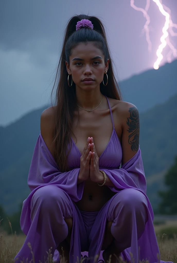 1 extremely gorgeous and suductive nubile Colombian sorceress is busy praying with eyes wide open in mindless stare, and she's covered from the shoulder down by a purple gossamer body veil while wearing a Jezebel in the bible harem bikini regalia, and doing extreme squatting, 3:4 full frontal body portrait, ((merge and use young faces of Alice Eve and Rila Fukushima into best 50/50 blend)), (eyes wide open, wide open eyes, blank stare, best detailed face, best lifelike face, best lifelike nose and eyes), Grecian upstyle hairstyle with high standing ponytail, pucker lips, pale snowy colored skin, huge hoop earrings, bodacious, playboy playmate archetype, perfect bikini body, (((massive breasts))), sweaty, show cameltoe, show underboobs, mindless facial expression, deeply hypnotized facial expression, deeply entranced facial expression, ((primeval backdrop with Intense lightning strikes and severe thunderstorms towering over misty mountains)), (RAW Photo, 12K, best quality, best masterpiece, hires, best realism, best photorealism, vivid colors and natural outdoor lighting)