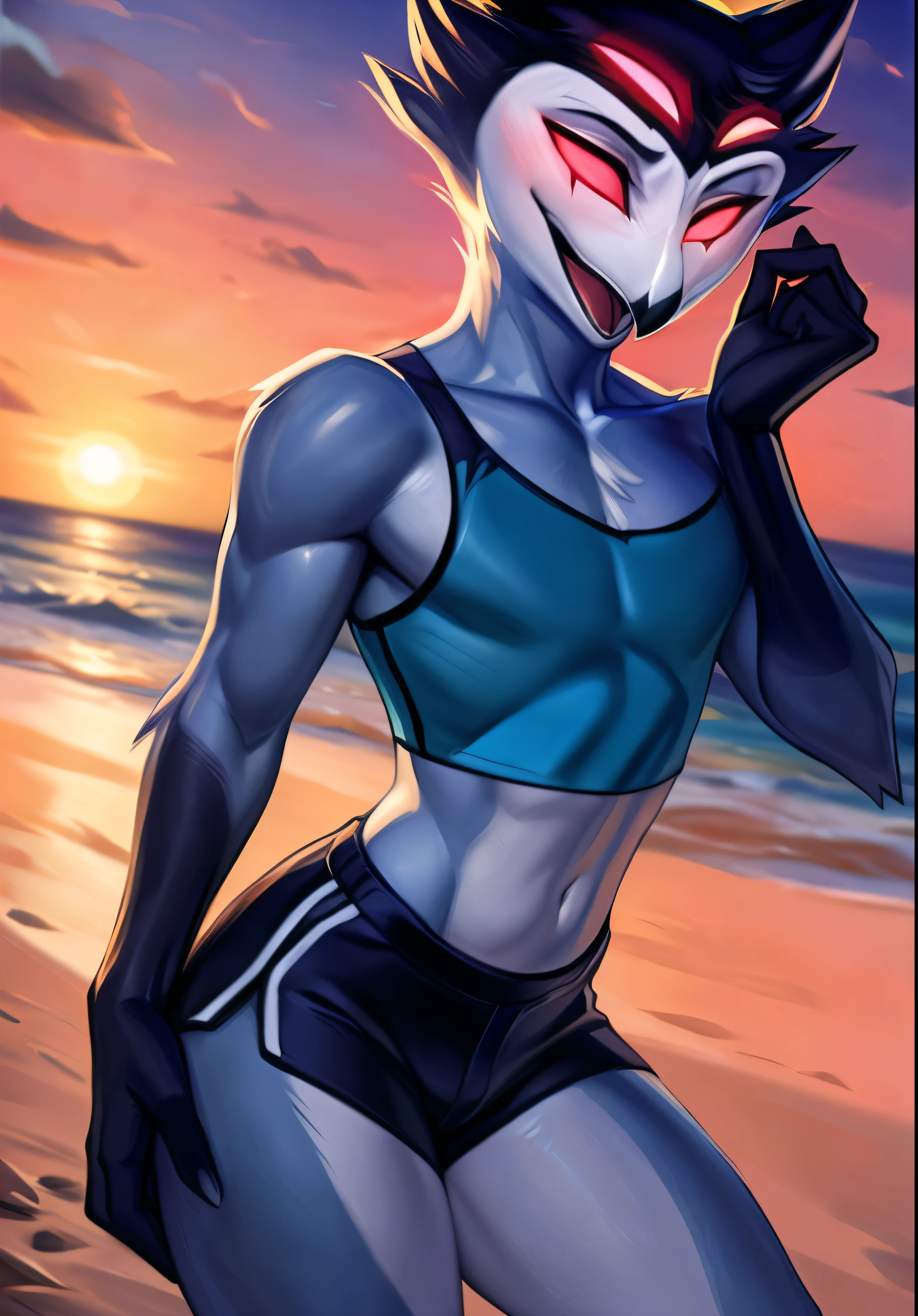 por zackary911,by Chunie,(by place:1.2),by kiyosan,by sigma,((masterpiece)), ((8K quality)), (without watermark), stolas, male, Closed mouth, ((beach background)), sunset, standing, chest forward, Shorts, another hand at his side, (Alone:1.4), pulcro, bright, male body, ((crop tops:1.5)), ((Slim body)), ((broad shoulders:1.5)), ((sexy belly:0.5)), pose, showy, vibrant colors, take off makes, perfect lighting, perfect shadows, Perfect eyes, perfect face, Global light, (decolaed background, depth of field), (4k, 2k, shading, absurd resolution), perfectly centered image