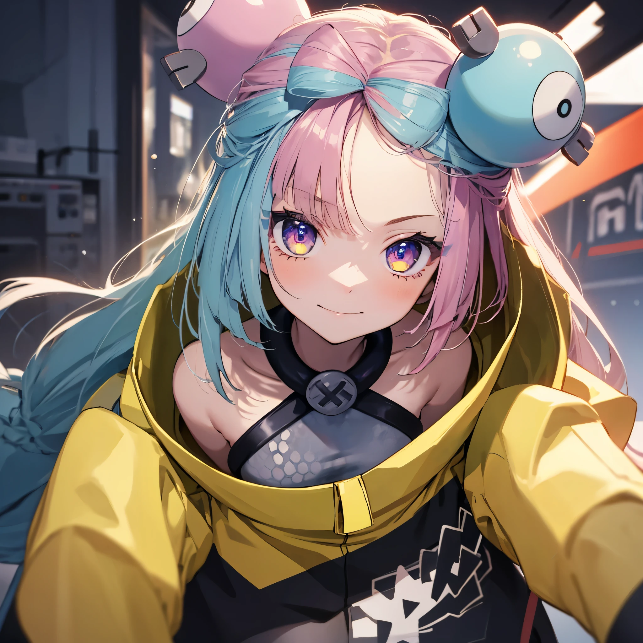 masterpiece, Highest quality, Perfect Face, Highest Resolution, Highest quality,Detailed depiction of the eyes, 8k, One Girl, Long Hair, Yellow Jacket, Long sleeve, hair ornaments, metaverse, Virtual studio, Live Streaming, relaxed face, little smile