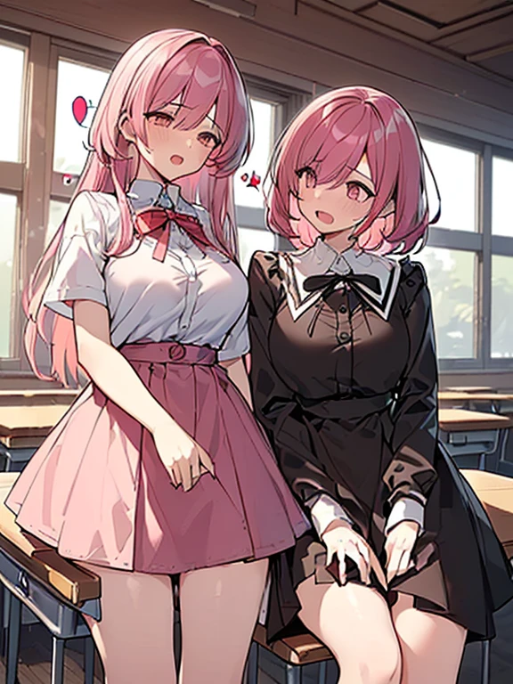 ((2girl),(yuri),(Stare deeply into each other's eyes)), (illustration), (masterpiece,best quality,high-resolution,detailed fingers,detailed hands,detailed eyes,detailed legs:1.5), (Anatomically correct number of limbs),  (long hair,short hair,pink and red hair), (big breasts),((clothed))), ((orgasm), (spoken heart)),((classroom),(Late Night))