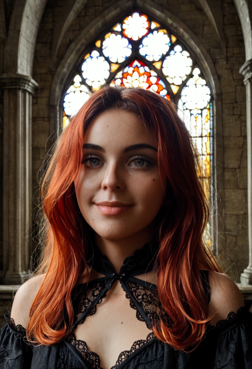 a RAW photograph of (True-To-Life) (Flame Princess), moody natural moonlight, (hard light:1.2), (high contrast), ((low brightness)), (perfect eyes), ((Natural Skin with Visible Veins, detailed skin folds and beauty marks)), subsurface scattering, ((wearing intricate delicate dress)) inside (Gothic Cathedral with ornate Stained Glass window) at ((Midnight)), (Orange Skin, Red Hair), smiling, happy face, SFW