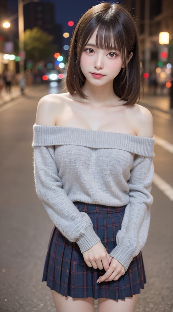 1 beautiful young girl, Super beautiful detailed face, shyly smile, Symmetrical black eyes),  hime cut hair, (Fine face:1.2), High quality, Realistic, extremely detailed CG unified 8k wallpaper, Highly detailed, High-definition raw color photos, Professional Photography, Realistic portrait, Cinematic Light, Beautiful detailed, Super Detail, high details,  depth of fields, FULL BODYSHOT、Random Sexy Poseedium Hair、semi long hair、thighs thighs thighs thighs、beauty legs、Bare legs、 Super beautiful detailed face, shyly smile, medium breasts, Deep cleavage), (off-the-shoulder sweater, Oversized sweater:1.3),  (Gray Tartan Check Pleated Skirt),   Skirt blowing in the wind, high details, (((Bokeh))), depth of fields, illumination, Neon Street, Super stylish lighting, halloween night, Pumpkin Lantern