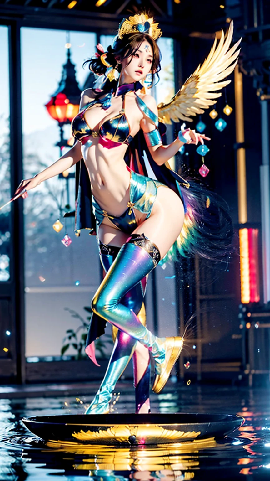 In the illustration of this super-grand scene,We enjoyed a fascinating sight,Various scenarios of the multiverse come together。In this intoxicating exterior,We see a mysterious Circe dancer,(The Circe dancer look incorporates Tiflin、the elf、fairy、Angels and many other magical fantasy races:9.99),(We used a long-range lens to capture her whole body from multiple angles:9.99)Half-dressed,She is graceful,Dance on the water。Her dancing magic keeps her costumes changing,Blend in with the beauty of the surroundings,Adds an unpredictable charm to the whole scene。The dancing of the Circe dancers is intoxicating,Her rainbow cape fluttered behind her like a flying carpet。This cape consists of different styles、colours、Made from small parts of materials and styles,The trailing tail is long and beautiful。Her dancing trajectory is accompanied by the glare effects of neon lights and magical stars,Blend in with your surroundings,Creates a stimulating atmosphere for the senses。Circe dancers have an extra-tall figure and curved curves that explode,Her body features are full of seductive sexiness。Her physical appearance includes::(K-cup size with wide silhouette is oversized and teardrop-shaped chest:9.99)、(Narrowed sternum and waist and abdomen:6.66)、Charming face、(Huge Kaziran colored eyes:99.99)、Makeup、Slender neck、Beauty collarbone、Slender arms、(Graceful hands that are ergonomic and physiologically normal:9.99)、Slender waist and abdomen、Round buttocks and slender long legs,Showcases attractive curves and lines。Use Midjourney's advanced brush tools、Color palettes and texture packs,We are the faces of Circe dancers、skin、Costumes and rainbow capes give intricate textures,While increasing realism(Again add the super-large chest contour and inflate the chest:9.99)And make Jushuo teardrop chest soft elastic oil,She also made her costume and cape blend different materials,Show a variety of styles,From evening dresses to princess dresses to tulle,(Full of creativity and fashion:6.66),And