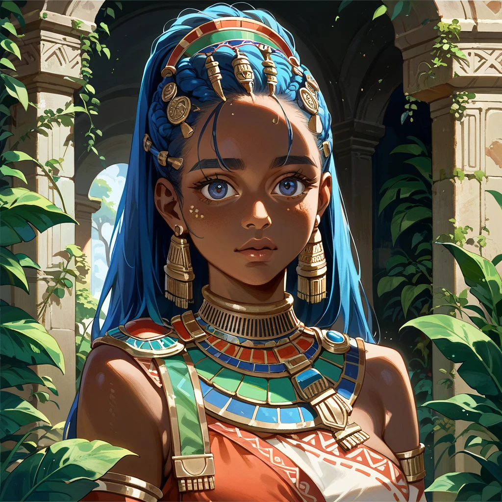 ((Highest quality)), ((masterpiece)), (detailed), （Perfect Face）、The woman is Flora, an African tribeswoman, with blue hair, dark skin, an African hairstyle, and is dressed in tribal clothing and gorgeous tribal accessories, and is wearing an engagement ring.