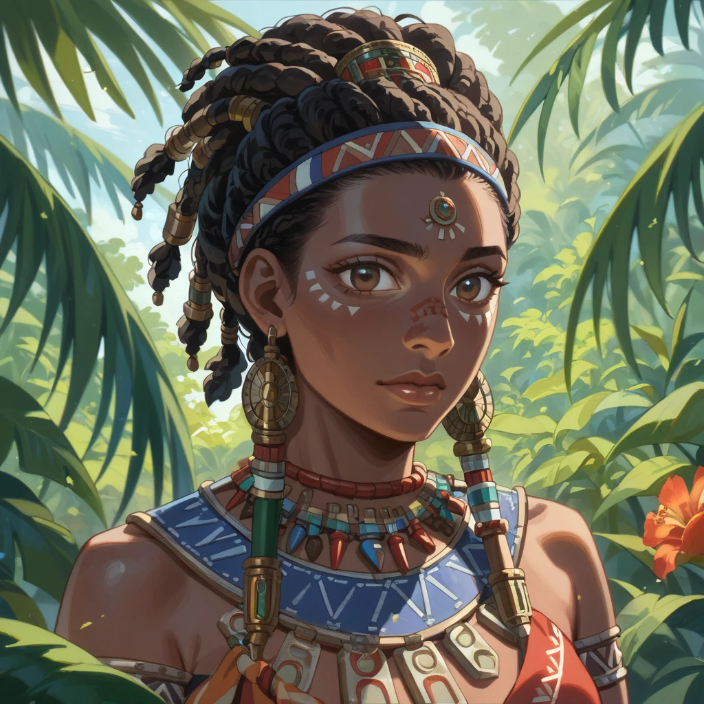 ((Highest quality)), ((masterpiece)), (detailed), （Perfect Face）、The woman is an African tribesman named Yol Forger, with dark skin, African hairstyle, tribal clothing, and gorgeous tribal accessories, and is wearing an engagement ring.