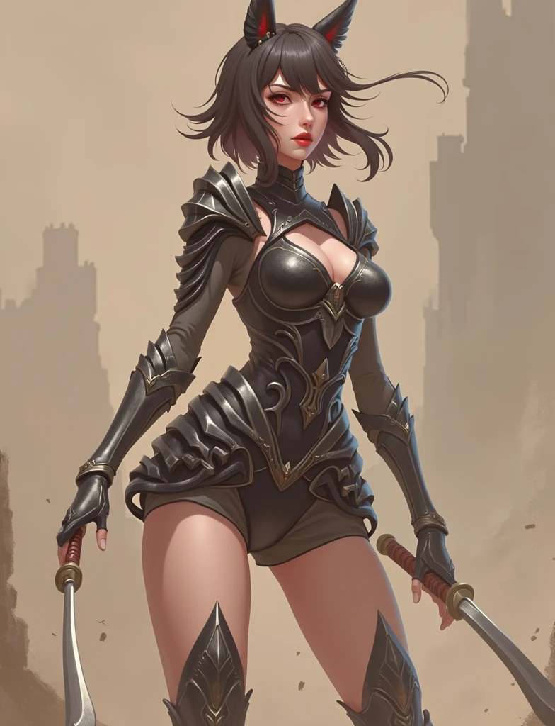 Cute girl, battle scene, pretty eyes, cool expression, short hair, full body shot, portrait quality, 8K resolution, rich details, small round face, maid, hand cupped face, rose hair accessory, fair skin, mood lighting, wearing battle armor, aperture f/1.2, nude, seductive, sexy
