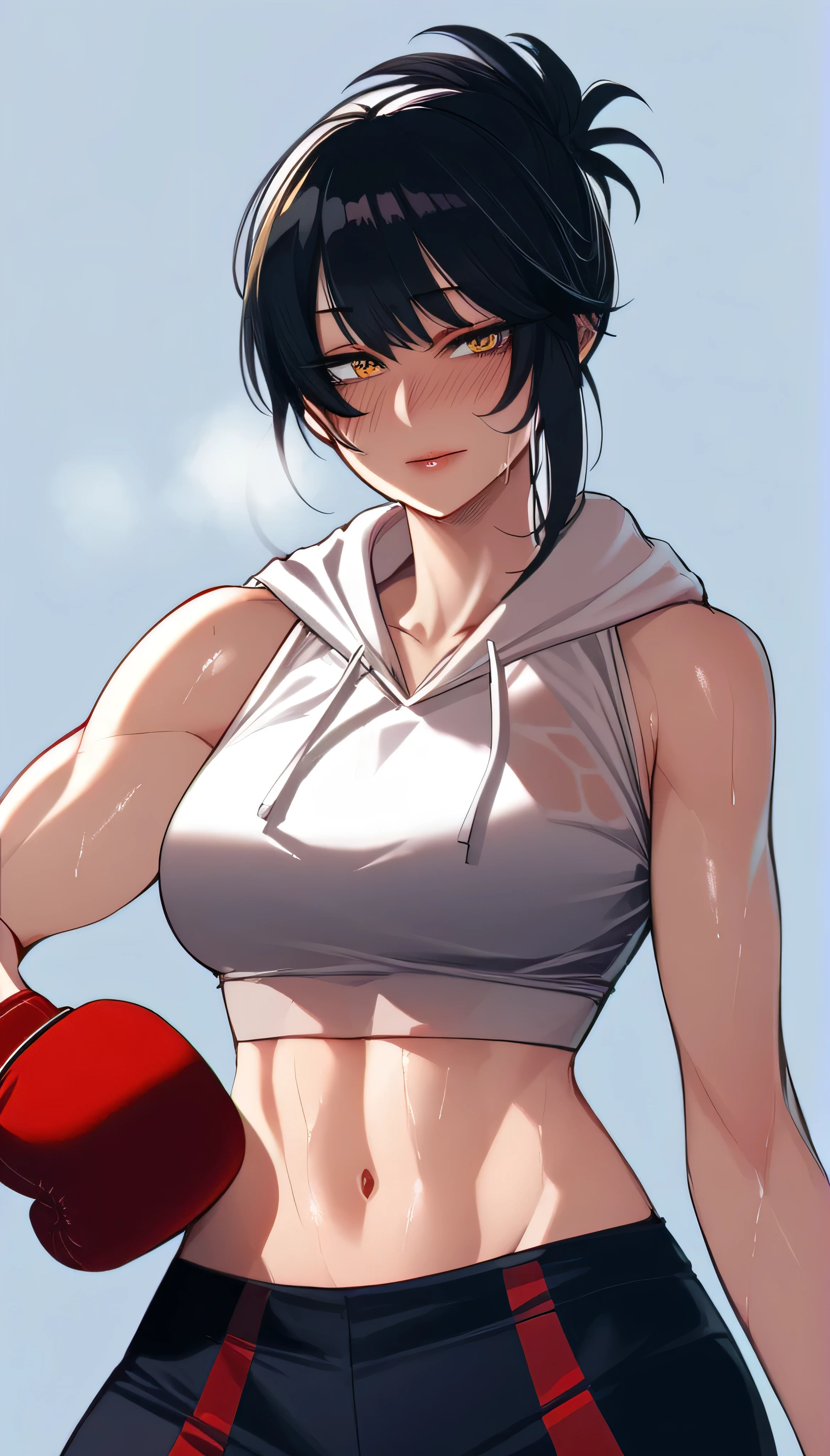 black hair,masterpiece,best quality,highres,ultra-detailed,aashizue,yellow eyes,long hair,(sleeveless hoodie:1.2), boxing gloves, toned, sweating, (sleeveless:1.4)