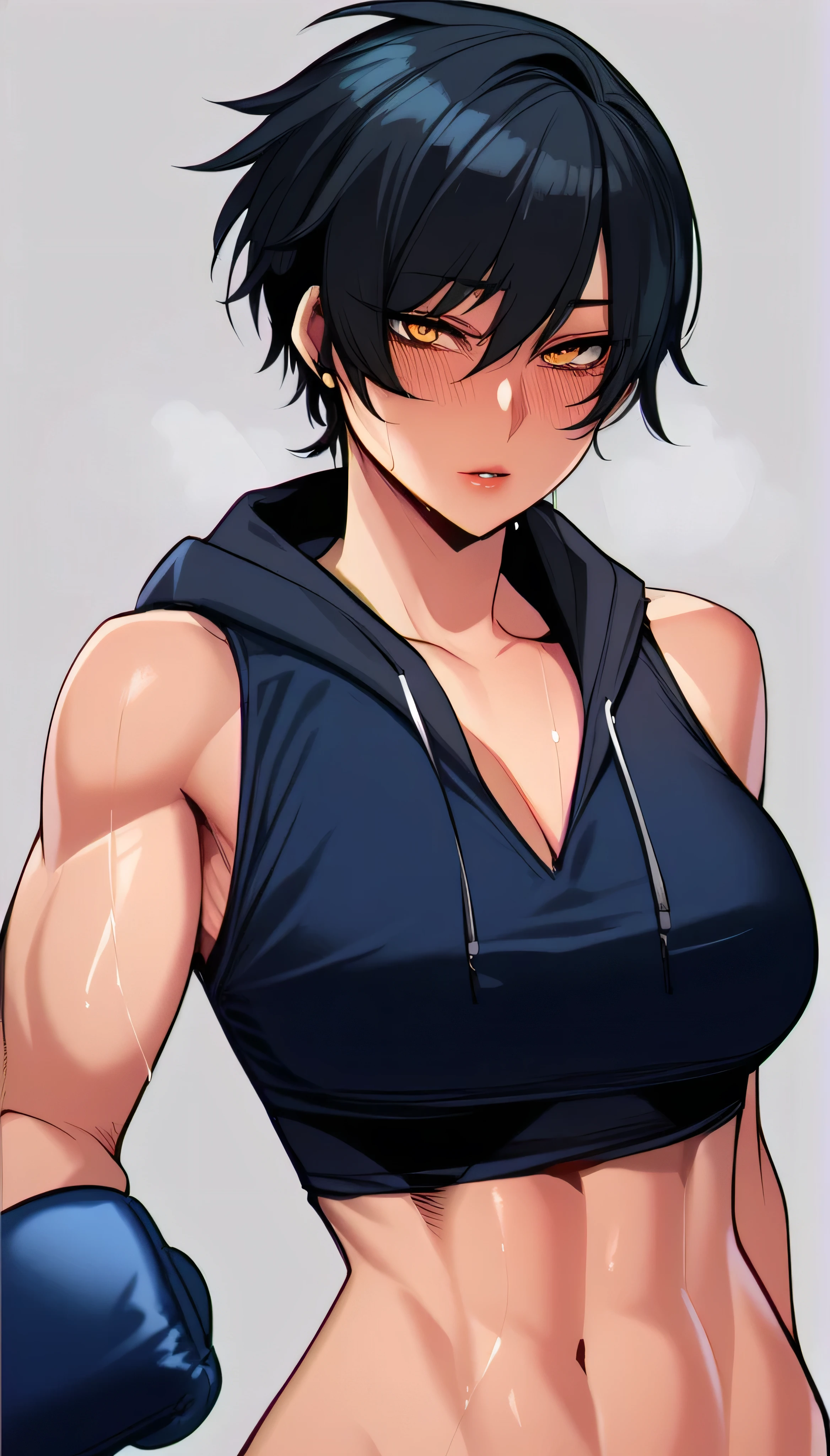 black hair,masterpiece,best quality,highres,ultra-detailed,aashizue,yellow eyes,long hair,(sleeveless hoodie:1.2), boxing gloves, toned, sweating, (sleeveless:1.4)