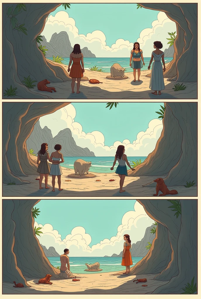 ((a cave drawing: 1.3)) of a cave woman playing volleyball at the beach at the stone age, an extraordinary beautiful cave woman wearing animal fur playing volleyball at the beach, there is ((mammoth: 1.2)) watching her play, stone age volley ball beach background, its sunny day, sun rays, masterpiece, best quality, (extremely detailed)
