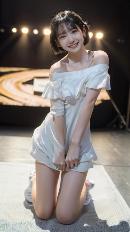 (8k、RAW Photos、Highest quality、masterpiece:1.2)、(Realistic、Realistic)、1 girl、((White off-the-shoulder dress、on stage、Get noticed、Short Bob、View from the front、smile、Looking into the camera 、smile、Full body photo:1.5))、cute、Large Breasts、Sing with a microphone、dance、((The skirt flutters in the wind))