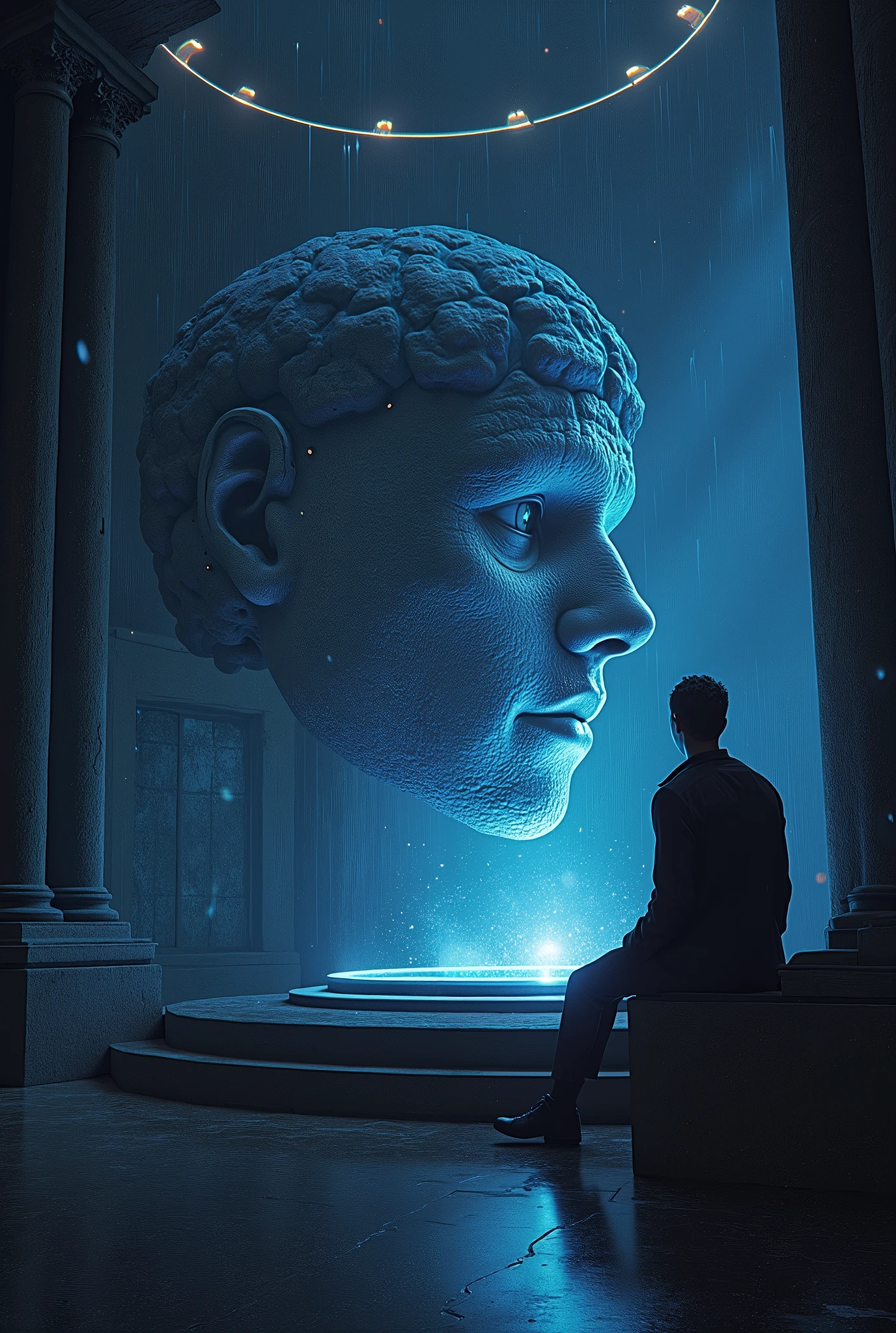 There is a man sitting on a bench in front of a statue - SeaArt AI