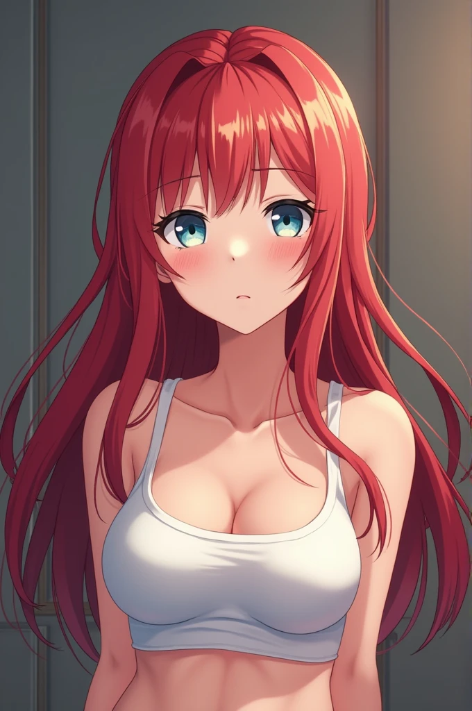 ANIME_DxD_Rias_Gremory_ownwaifu, 1girl, bangs, long hair, red hair, breasts, large breasts, rias gremory, blue eyes, hair between eyes, very long hair, collarbone, hair intakes, hair over breasts, 
BREAK (frilled bikini,white bikini,front-tie top:1.2),
BREAK from above, large breasts, belt, blush, village, field, hands behind back
BREAK (masterpiece:1.2), best quality, high resolution, unity 8k wallpaper, (illustration:0.8), (beautiful detailed eyes:1.6), extremely detailed face, perfect lighting, extremely detailed CG, (perfect hands, perfect anatomy),