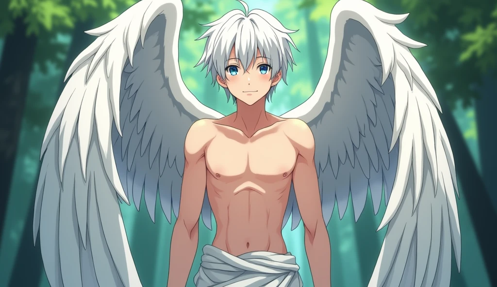 Anime style of Satoru Gojo, naked boy with white hair and blue eyes, short curly hair and shirtless, giving the impression of having wings of angels, seated peacefully on fluffy clouds in the sky, white and gray scattered clouds, ethereal angelic, cute penis expose