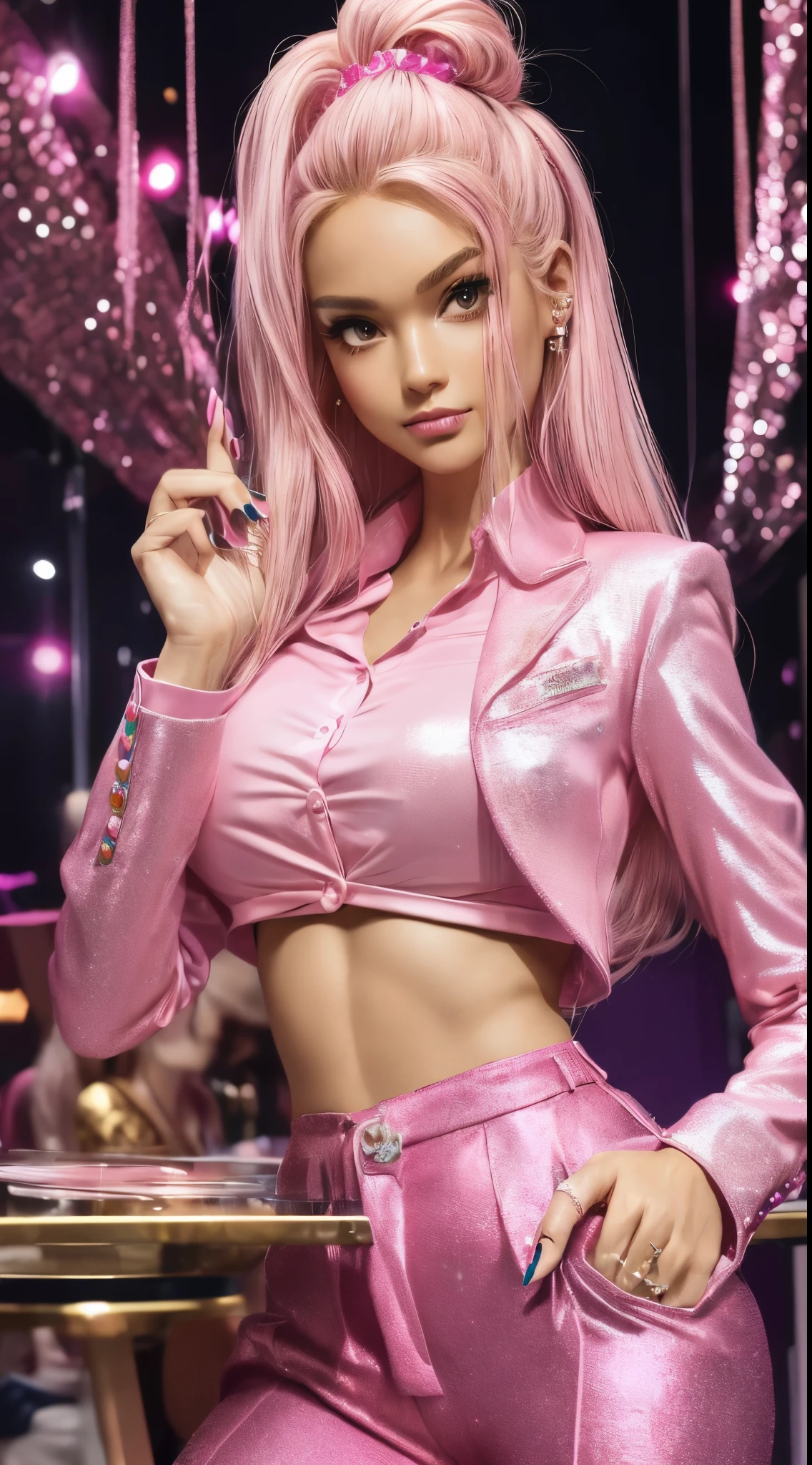 Barbie, Saturday Night Fever, (Pink lame business suit:1.3, pinkes Shirt:1.3,Pink flared trousers:1.3), Mirror Ball, disk, dance, dance Queen, High Heels, long blondes hair, nice hair, wonderful atmosphere, glitter, Dance floor, Complicated details of the atmosphere, detailed legs, Detailed hand,Detailed finger,(8k, 16K, Super Detail), High details, best quality:1.2, High resolution, good quality, Table top:1.4, pink glitter nails,High resolution, masterpiece, anatomically correct, best quality, Multiple awards, super detailed, textured skin,