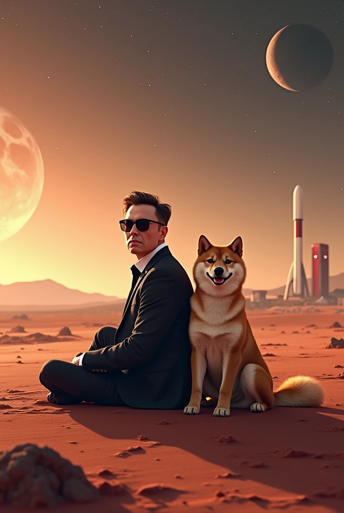 cool pic doge with elon musk sitting on mars with his spacex and tesla background 