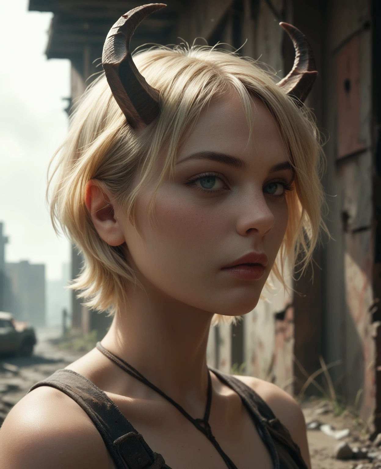 WOMAN, APOCALYPSE, SHORT BLONDE HAIR, BEAUTIFUL, WITH HORNS