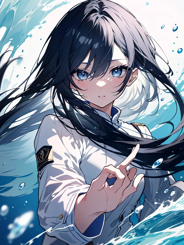 1 girl, masterpiece, best quality, beautiful woman, big eyes, blue eyes, light blue hair, hime cut, side braid, black sailor suit, skirt, water, anime