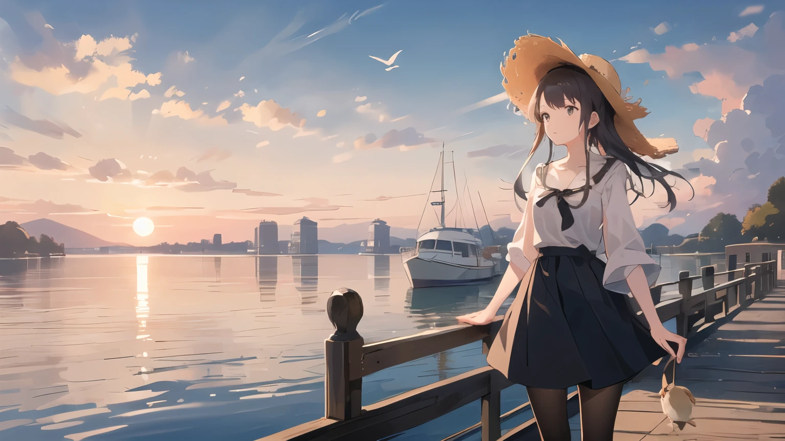 ((masterpiece,Highest quality)), One girl,alone, one piece,pantyhose,Straw hat,lake, sunset,  boat, bird, (Cowboy Shot), dock,,