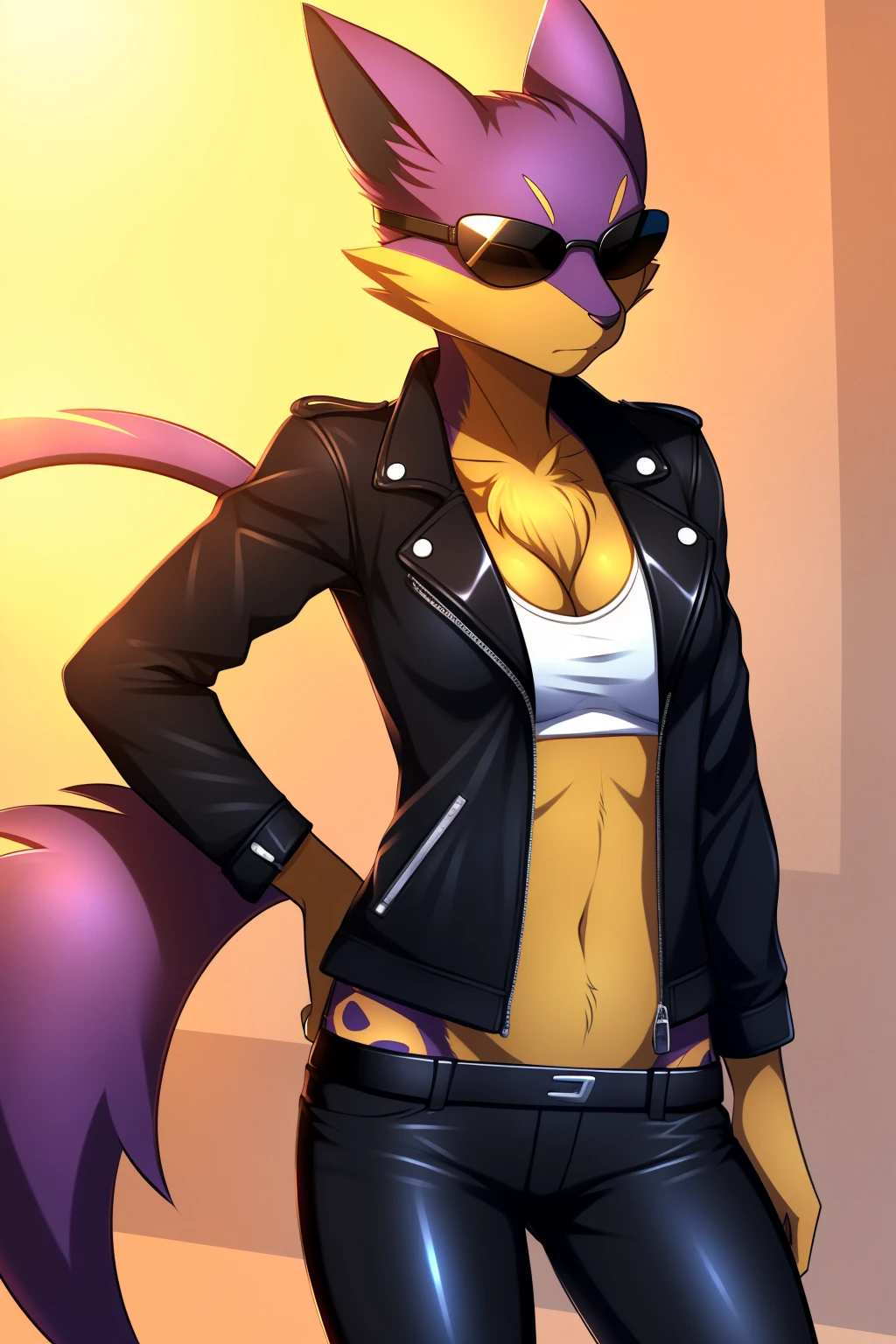 By zinfyuu on pixiv,by twistedscarlet60, uploaded on pixiv, by fluff-kevlar, (masterpiece), (best quality), (anthro furry:1.3, snout:1.2, anthro:1.3, furry:1.2, solo female:1.2), (extremely detailed:1.3), (Detailed eye part: White lens, green iris,black cornea), tall, slim body, purple fur, yellow spots, liepard, black leather jacket:1.5), black jacket, leather jacket, black leather pants, black pants, leather pants, (sunglasses:1.2), rectangular sunglasses, dark sunglasses, dark sunglasses, black sunglasses, serious face, serious expression