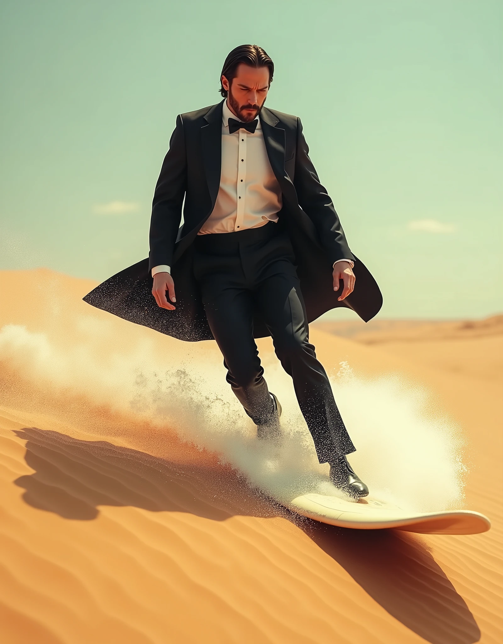 Professional photography, photo of a man wave surfing on the sand of desert, he wearing tuxedo, he is a fashionista, professional posing, light flare, dramatic light