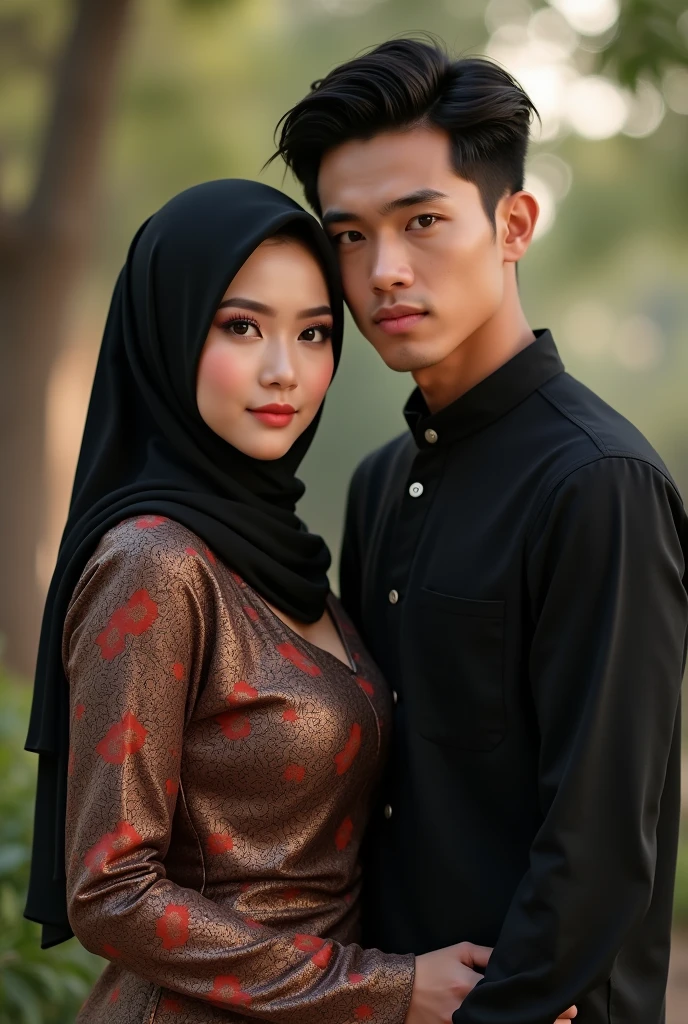 (photorealism ,19 year old Indonesian man with small and thin body (short) haircut (undercut) wearing long-sleeved batik and black jeans ,gesture (hand in pocket) ,with a 1 woman wearing a brown hijab with a batik kebaya and a skirt ,heart shape ,both facing forward with wink expressions ,background studio