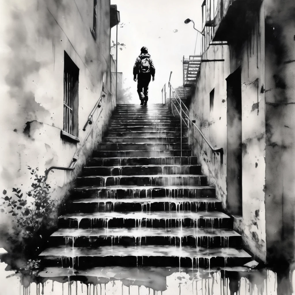 Highest quality,(Black and white painting)Transparent watercolor,Transparent stairs like water,13 steps,Man standing on stairs,Banksy Art,
