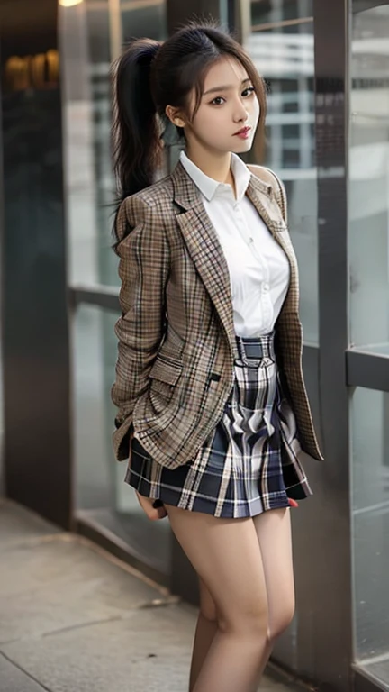 high school girl，Brown blazer，Checked mini skirt，Absolute area，boots，A noble appearance，ponytail，