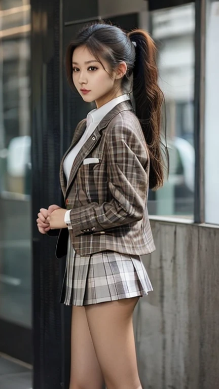 high school girl，Brown blazer，Checked mini skirt，Absolute area，boots，A noble appearance，ponytail，