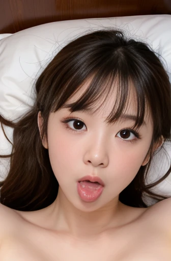 highest quality、masterpiece、girl 1、Super detailed　brown hair、blunt bangs　Ahegao、stick out tongue、Drool、salivate、saliva、Drool、Drooling　SEX in、play sex、sex、Sprinkle sperm、large amount of sperm、drenched in sperm、intense sex　face is close、Facial Close-up　pillow、bed in