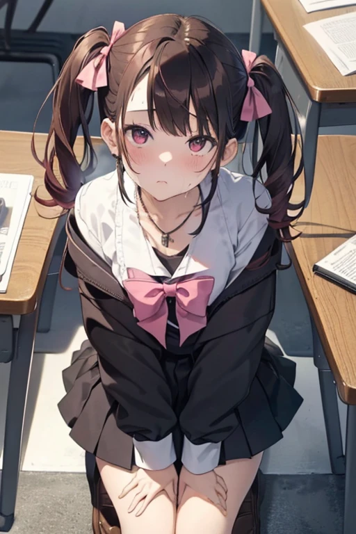 (NSFW)、(masterpiece:1.3, Highest quality, Ultra-high resolution, Super detailed), (Realistic, photoRealistic:1.4), Beautiful illustrations, Perfect lighting,Anatomically perfect、Depth of written boundary, (Black hair with pink inner color、Black and pink hair、Twin tails)、(high school girl、School uniforms、Summer clothes、White shirt、Earrings、necklace、bracelet)、(White loose socks、Brown Loafers)、(Sweat、Oily skin)、(classroom、Sit at the table)、Fallatio