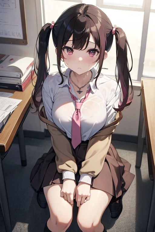 (NSFW)、(masterpiece:1.3, Highest quality, Ultra-high resolution, Super detailed), (Realistic, photoRealistic:1.4), Beautiful illustrations, Perfect lighting,Anatomically perfect、Depth of written boundary, (Black hair with pink inner color、Black and pink hair、Twin tails)、(high school girl、School uniforms、Summer clothes、White shirt、Earrings、necklace、bracelet)、(White loose socks、Brown Loafers)、(Sweat、Oily skin)、(classroom、Sit at the table)、Fallatio