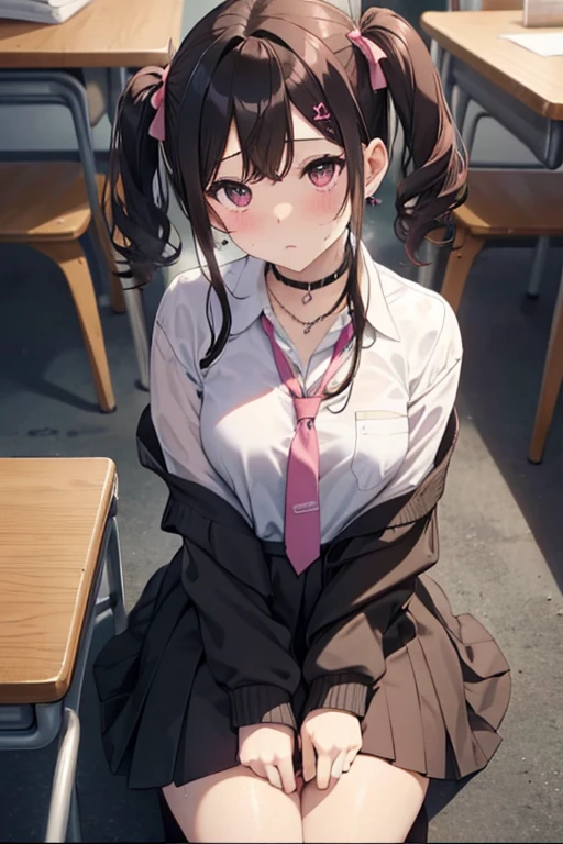 (NSFW)、(masterpiece:1.3, Highest quality, Ultra-high resolution, Super detailed), (Realistic, photoRealistic:1.4), Beautiful illustrations, Perfect lighting,Anatomically perfect、Depth of written boundary, (Black hair with pink inner color、Black and pink hair、Twin tails)、(high school girl、School uniforms、Summer clothes、White shirt、Earrings、necklace、bracelet)、(White loose socks、Brown Loafers)、(Sweat、Oily skin)、(classroom、Sit at the table)、Fallatio