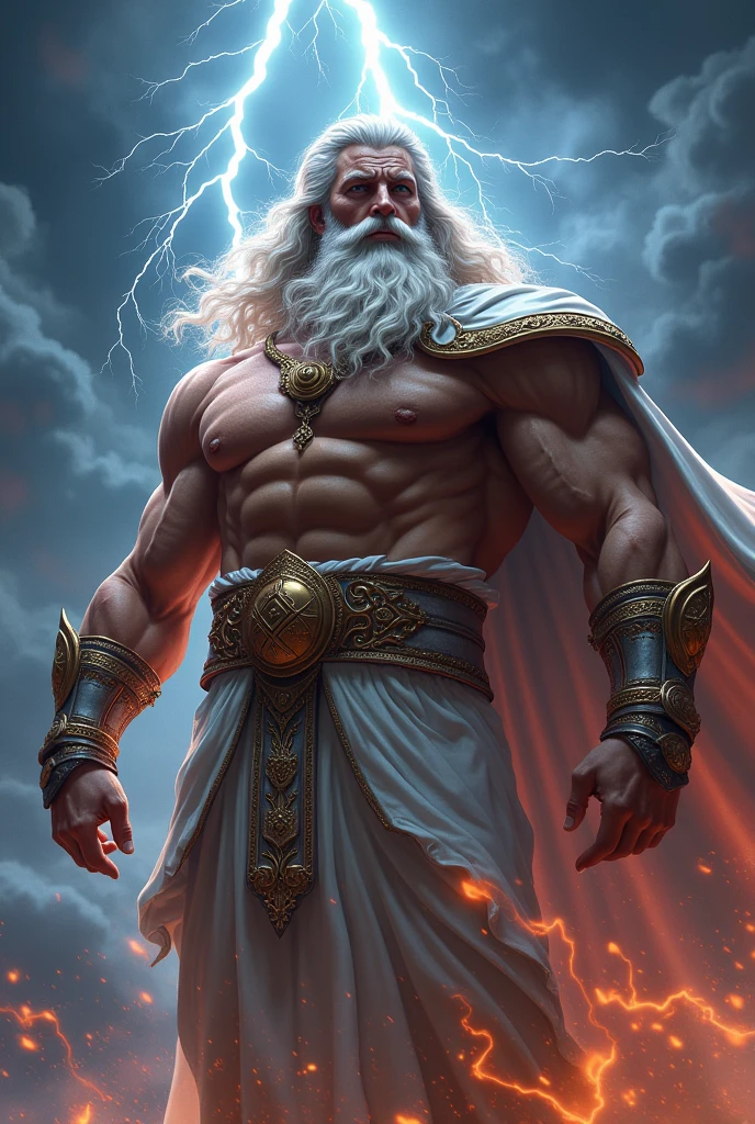A Zeus holding a yellow lightning bolt with his right hand, blue eyes, left hand raised and clenched