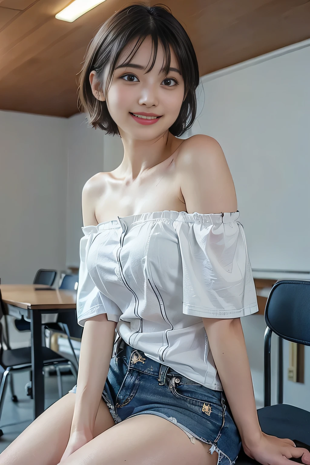 (((best quality, 8 thousand, masterpiece:1.4)), (20 year old woman), masterpiece, distinct, highres, high_quality, wide_shot, small_face, absurdly_short_hair, female, sagging_breasts, balancing, stretching, gentle_face, bare_shoulders, ((best quality)), ((masterpiece)), (detailed), perfect face, very big breasts, ultra high definition, 8k, perfect body, hud, slim legs, small face, long eyelashes, Sparkling lips, eye for detail, clean skin, blemish-free face, japanese beauties, 20 year old woman, (Huge, saggy breasts), (surreal) , (enlightenment), (Increase resolution), (8 thousand), ((masterpiece)), (best quality), (detailed), best quality,masterpiece,ultra high resolution,(In reality:1.4),RAW photographer,beautiful and beautiful,deep shading,dark theme,1 girl,exquisite facial features,long gray hair,Laughing,(The wind blows through your hair,Brunette bangs),colorful printed shirt,trivial face,cropped shoulder),busty person,fit your body,cowboy lenses,Exterior,afternoon sunlight
