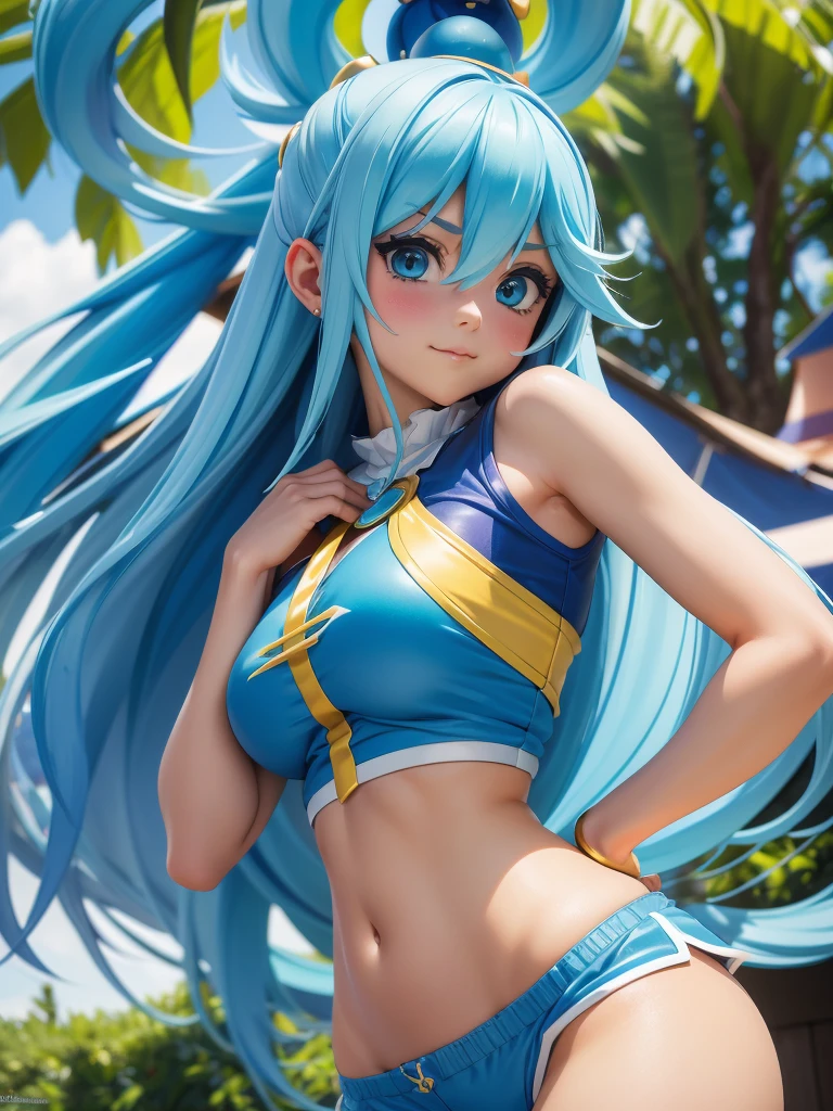 Aqua Konosuba,long blue hair, white sleeveless top, short blue shorts, Golden bracelets, leaning pose, Looking down, гладкая worldлая кожа, Cute sexy butts, Seductive anime girl, open market, colorful tents, Flashlights, естественный world, world, bright amazing atmosphere, at eye level corner, wide angle lens, detailed, well-balanced exposure.