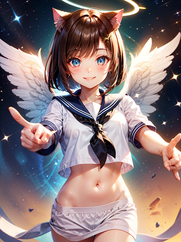 A beautiful smiling girl in a sailor suit,Halo,Cat ear,Brown hair short bob,front,Very beautiful eyes,universe,Milky Way,(((Pointing with one hand))),White angel wings on your back,