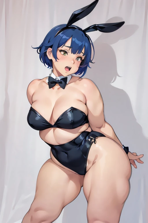 1girl, solo, looking at viewer, blush, open mouth, short hair, simple background, white background, animal ears, cleavage, bare shoulders, medium breasts, blue hair, yellow eyes, purple hair, multicolored hair, small breasts, fang, two-tone hair, speech bubble, wrist cuffs, black bow, detached collar, playboy bunny, black leotard, fishnets, strapless leotard, dragon horns, black bowtie, dragon girl, dragon tail, fishnet pantyhose, duel monster