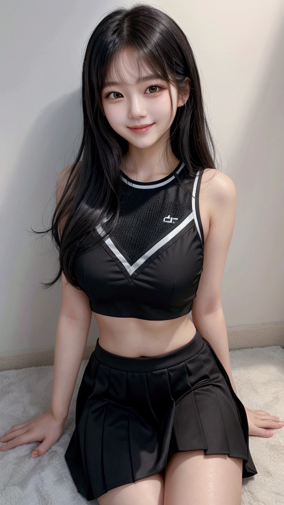 (8x_NMKD-Superscale_150000_G),(8K, Super high quality,highest quality),(masterpiece:1.5),(cowboy shot),1 girls, , cheerleader, (((black collar))), (light blue sports bra, navel, socks), ((nano size pleated mini skirt, panties)), smiling, slender figure, beautiful twin-tailed girl