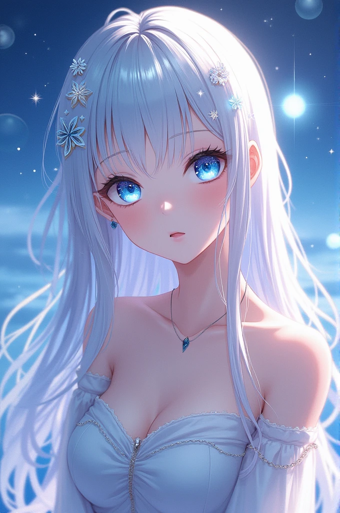 A princess with a delicate and beautiful face, large eyes, and translucent skin is looking up at the moon from a castle, enchantingly dressed in a traditional and glamorous medieval European dress and wearing a large hair ornament. A gentle, warm light surrounds the princess. The background is filled with soft out-of-focus light, and the pale blue and purple tones create a dreamy, serene, and enchanting atmosphere. Fireflies glowing in the moonlit night surround the princess, adding to the magical and ethereal atmosphere. Emphasis on the armpits