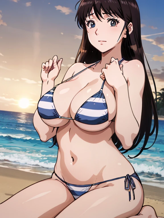 (Anime Style)、Long Hair、Black Hair、hairpin、(woman１people)、若いwoman、beautiful長い脚、beautiful体、beautiful鼻、Perfect Eyes、Perfect Face、Perfect Legs、Perfect balance、(beautiful、Large Breasts:1.3)、(beautiful顔:1.5)、(Tight waist)、Perfect lighting、colorful、Bright front light、Glowing Skin、 (masterpiece:1.0)、((High resolution))、((Highest quality))、(Normal hand)、(Five Fingers)、(Anatomically correct hand)、(Please write your hand correctly)、(Sunset Beach)、BREAK、((Blue striped bikini))、Kneeling、Raise your hands