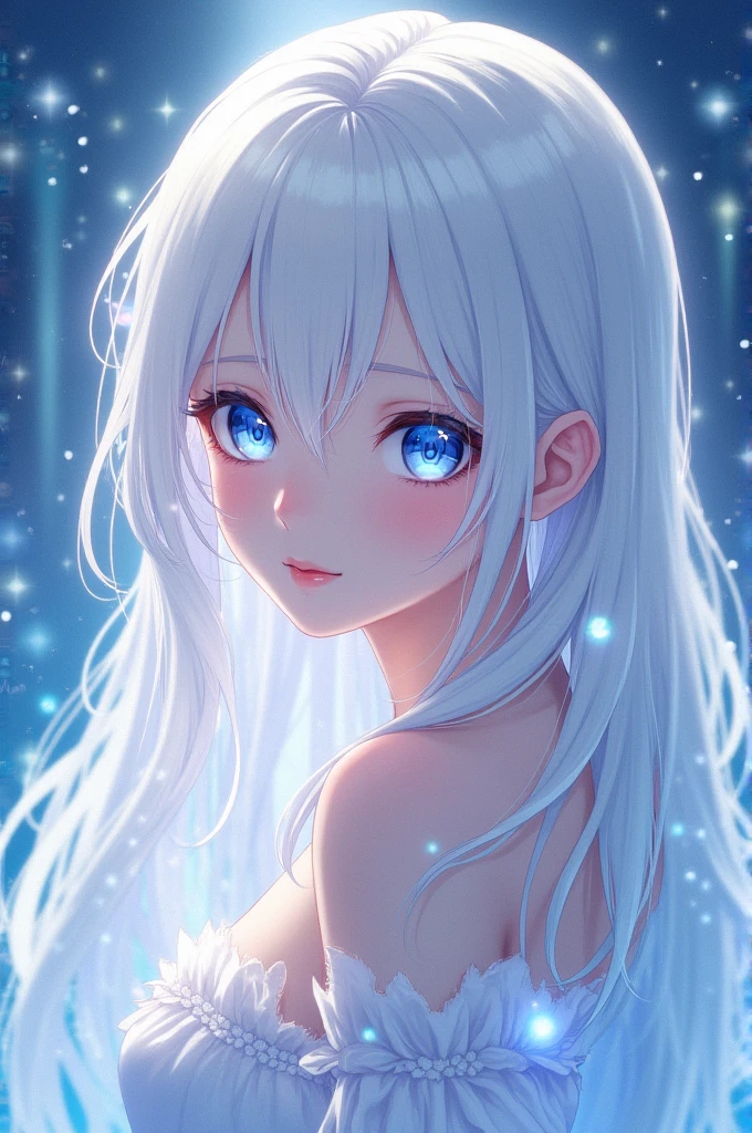 Anime girl with long white hair and blue starry eyes 